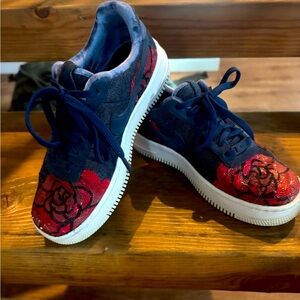 Floral Denim Nike Air Sneakers with Red Rose sequin Design